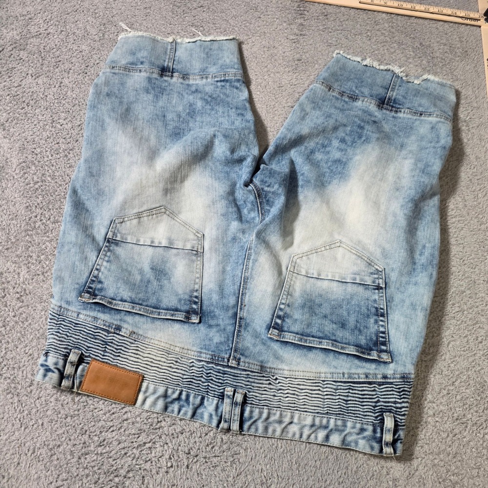 Smoke Rise Mens 38 Moto Denim Shorts Light Blue Acid Wash Ribbed Distressed Y2K - Picture 8 of 9